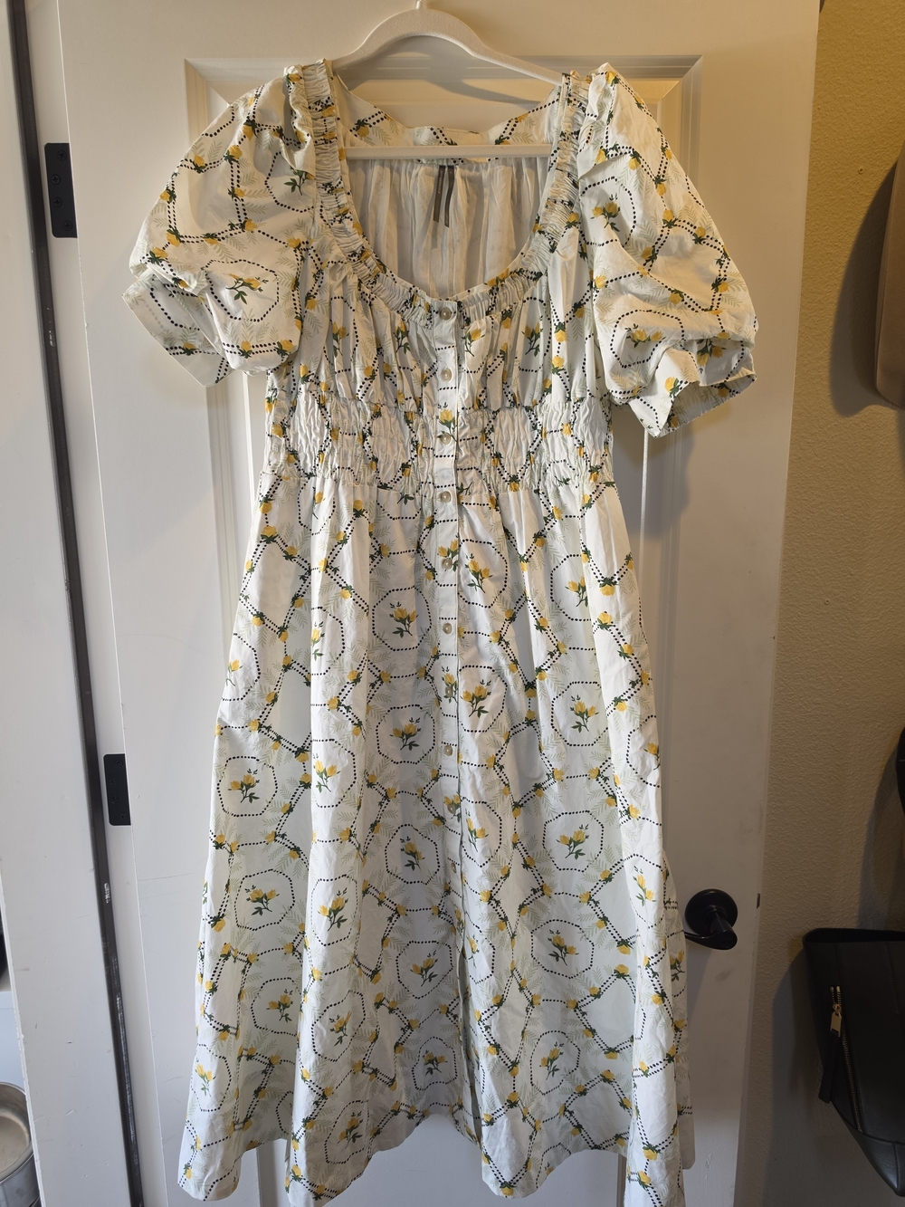 Anthropologie White Dress with Yellow Floral and Black Dot Trim Sold Out Dress